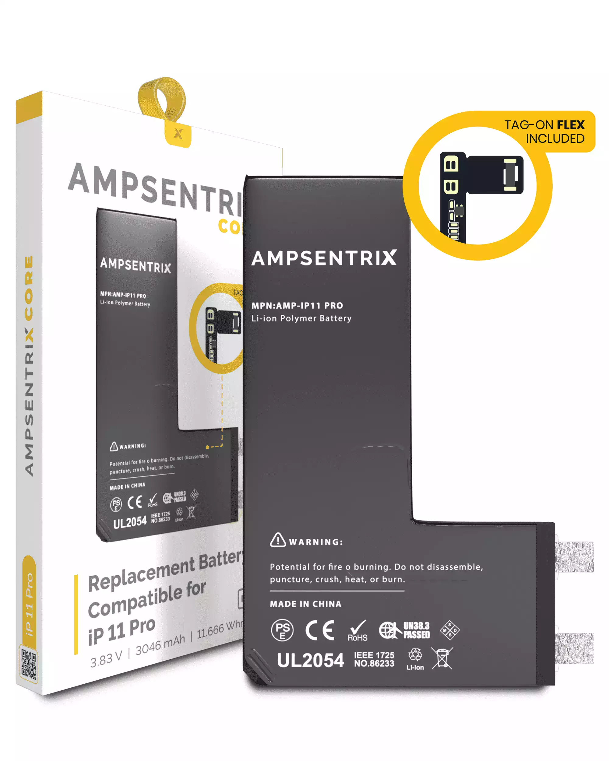 [107082071227] Núcleo de Batería de Repuesto con Flex Universal Tag-On Para iPhone 11 Pro (Requiere Soldadura por Puntos) (AmpSentrix Core)