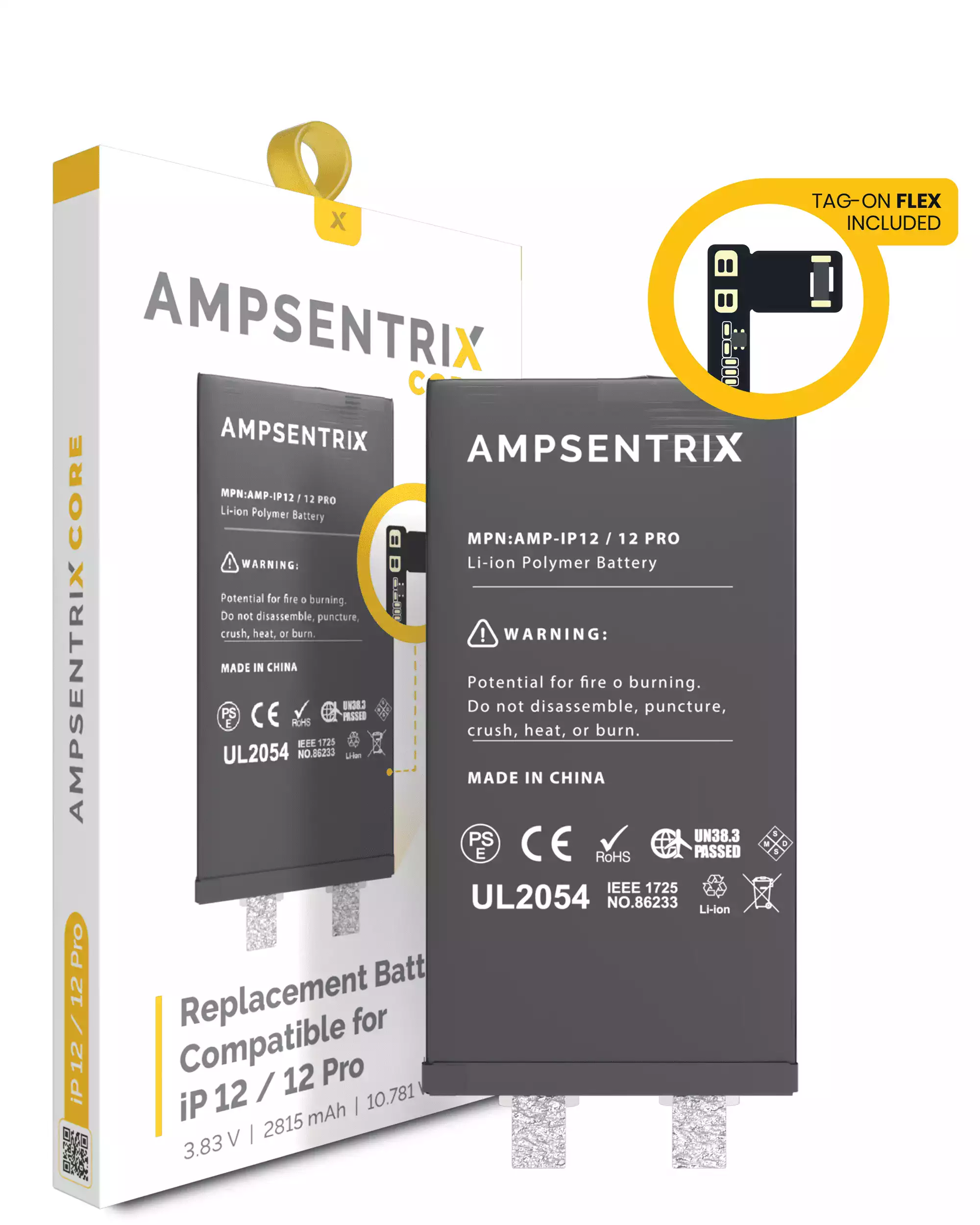 [107082071213] Núcleo de Batería de Repuesto con Flex Universal Tag-On Para iPhone 12 / 12 Pro (Requiere Soldadura por Puntos) (AmpSentrix Core)