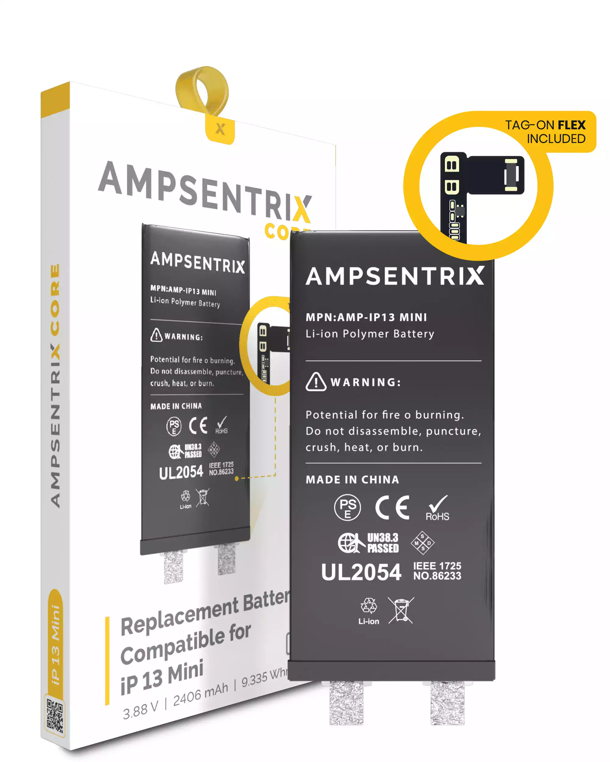 [107082071219] Núcleo de Batería de Repuesto con Flex Universal Tag-On Para iPhone 13 Mini (Requiere Soldadura por Puntos) (AmpSentrix Core)